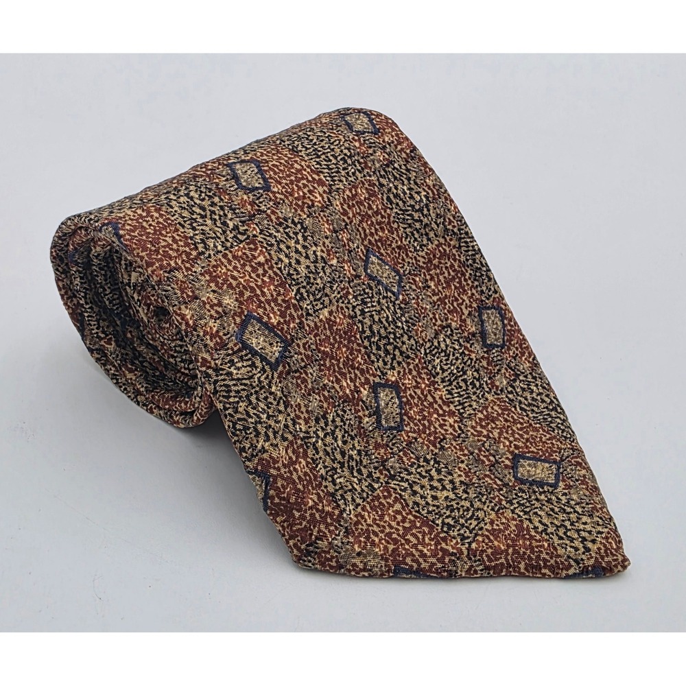 Ermenegildo Zegna Silk Tie Brown Tan Navy Geometric Tapestry Made in Italy
